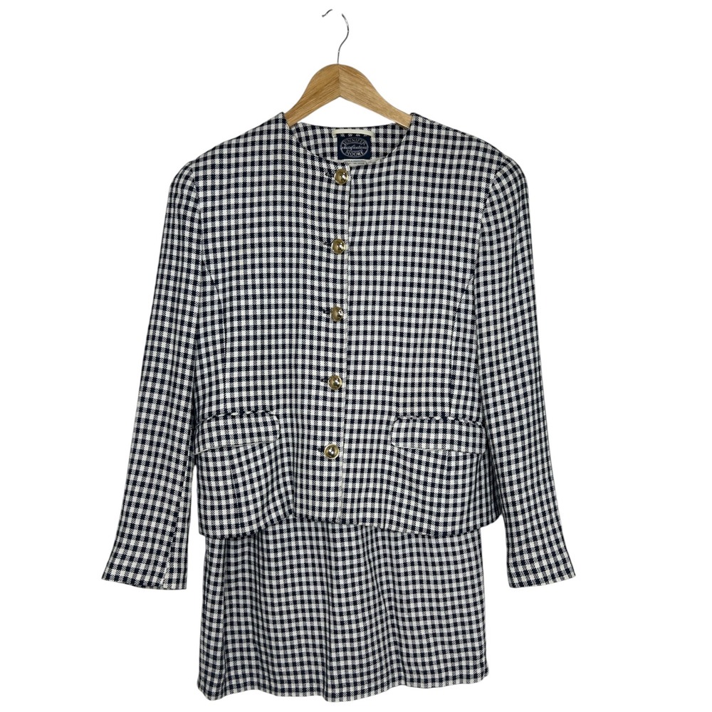 Vintage 90's Jennifer Moore Off White Navy Gingham Gold Buttons Jacket Skirt 12